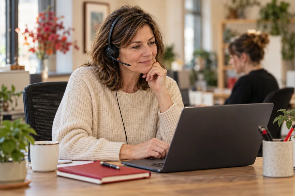 Illustrative customer service adviser listening to a caller