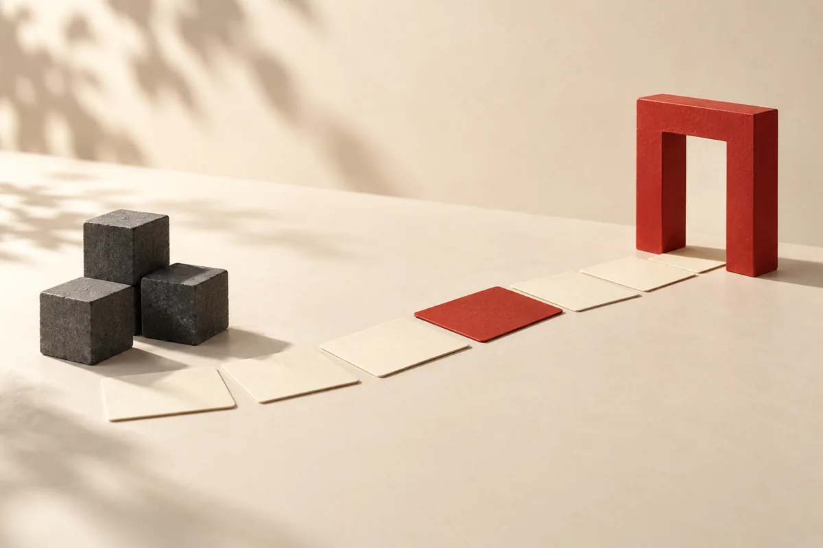 Cream cards forming a clear path from charcoal blocks to a red doorway