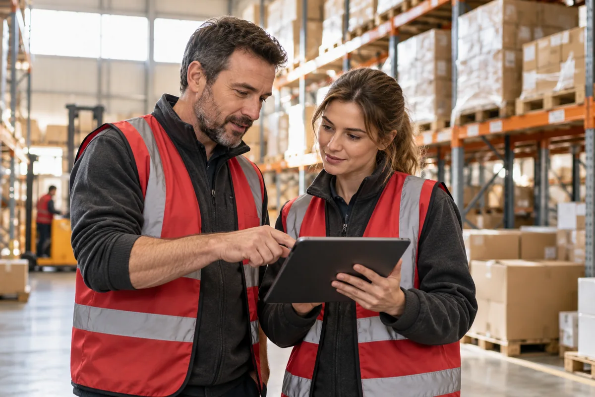 Illustrative warehouse colleagues reviewing orders on a tablet