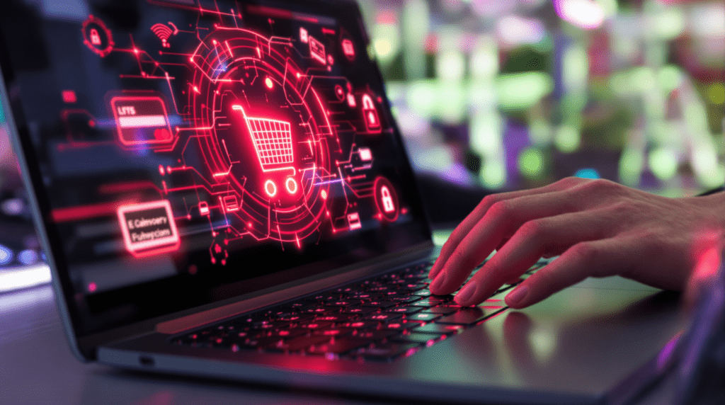 retail and consumer services display on laptop with hands visible